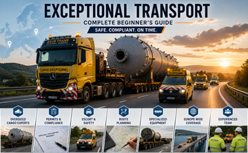 Camion per trasporto eccezionale che trasporta un carico industriale fuori sagoma su un’autostrada europea con veicoli di scorta