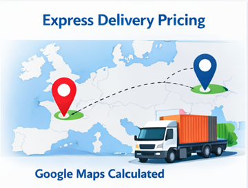 Percorso di consegna express su mappa dell’Europa con camion e prezzo di trasporto calcolato con Google Maps