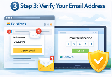 Verifica dell’indirizzo email su ExusTrans tramite codice numerico di conferma durante la registrazione cliente