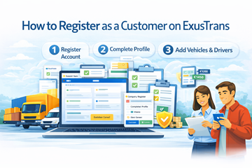 Registrazione come cliente sulla piattaforma ExusTrans con verifica aziendale, configurazione del profilo e gestione trasporti