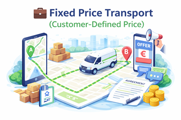 Ordine di trasporto a prezzo fisso con percorso dal punto A al punto B, che mostra prezzo definito dal cliente e accordo con il vettore