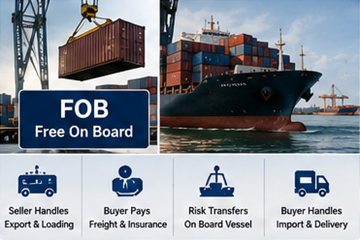 Container caricati su una nave cargo con accordo di spedizione FOB