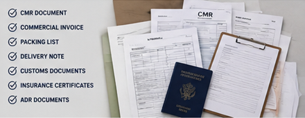 Documenti per il trasporto merci tra cui CMR, fattura, documenti di spedizione e modulistica logistica