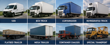 Veicoli per il trasporto merci tra cui furgoni, camion, rimorchi e flotte logistiche in Europa