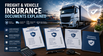 Documenti assicurativi su merci e veicoli con concetti di trasporto cargo su camion e protezione logistica in Europa