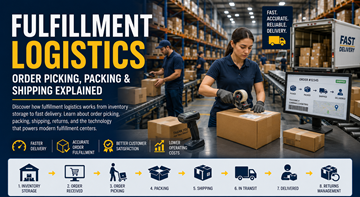 Magazzino moderno di logistica di fulfillment con operatori che imballano ordini online e preparano spedizioni