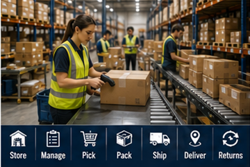 Operatori di magazzino che gestiscono le operazioni di fulfillment logistics e gli ordini online