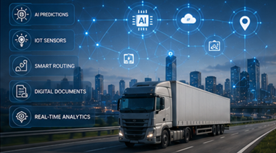 Tecnologia logistica del futuro con tracciamento spedizioni basato su AI, sistemi di trasporto intelligenti e visibilità digitale della supply chain