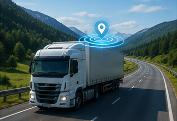 Camion con sistema di tracciamento GPS che viaggia su un’autostrada europea durante un’operazione logistica