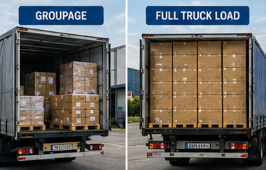 Confronto tra spedizione groupage e trasporto a carico completo con camion logistici e merci su pallet