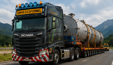 Motrice stradale heavy-duty che traina un rimorchio per carichi fuori sagoma in autostrada