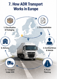 Processo logistico ADR europeo con percorso di trasporto di merci pericolose e procedure di conformità