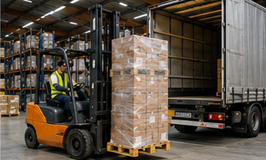 Processo di trasporto pallet con carrelli elevatori, carico in magazzino, fasciatura dei pallet e consegna con camion