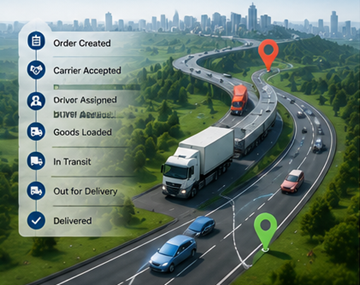 Processo moderno di tracciamento logistico che mostra tracking GPS dei camion, sistemi digitali di trasporto e aggiornamenti della spedizione