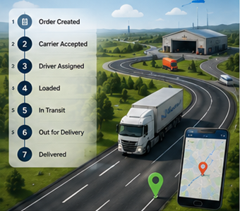 Processo logistico digitale che mostra tracciamento spedizioni, percorsi GPS e aggiornamenti sullo stato del trasporto