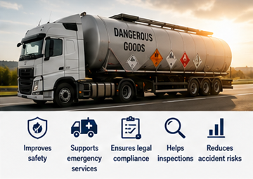 Camion con merci pericolose con etichette ADR che supportano la sicurezza del trasporto e la gestione delle emergenze