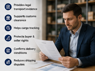 Responsabile logistico che controlla documenti di Polizza di Carico per il trasporto internazionale di merci