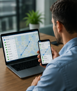 Cliente aziendale che controlla gli aggiornamenti di tracking per una spedizione di trasporto importante in Europa