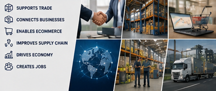 Catena di fornitura e logistica merci in Europa con magazzini, camion e operazioni di distribuzione