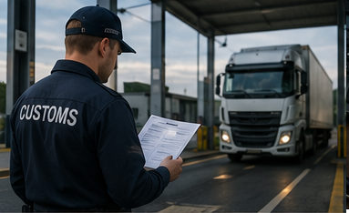 Addetti della logistica e della dogana che controllano assicurazione e documenti di trasporto durante un’operazione di spedizione