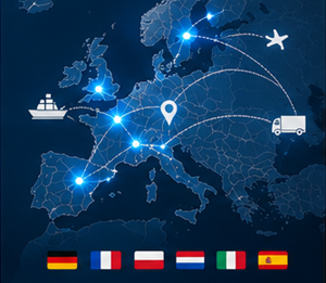 Tracking del trasporto internazionale tra paesi europei con rotte logistiche e operazioni doganali