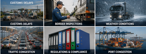 Sfide del trasporto internazionale incluse attese doganali, meteo, traffico, porti e operazioni di logistica merci