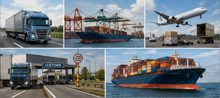 Trasporto merci internazionale con camion in frontiera, navi cargo, dogana e operazioni logistiche globali