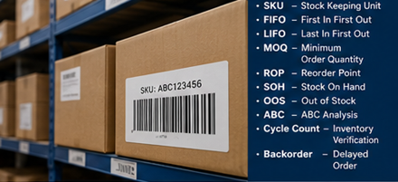 Gestione dell’inventario di magazzino con etichette con codice a barre, scaffalature di stoccaggio e sistemi di tracciamento logistico