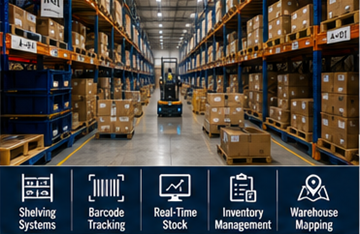 Grande centro di fulfillment che stocca inventario e-commerce su scaffalature di magazzino