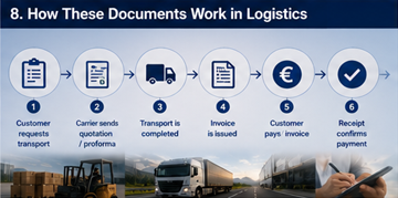 Flusso di lavoro logistico che mostra preventivo, fattura, ricevuta e processo di pagamento in una piattaforma di trasporto