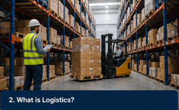 Sistema logistico di magazzino con operatori che gestiscono stoccaggio e distribuzione delle merci