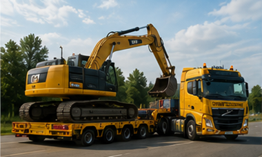 Rimorchio a pianale ribassato che trasporta macchine da cantiere e merci fuori sagoma
