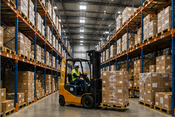 Grande magazzino logistico con scaffalature, carrelli elevatori e pallet