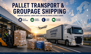 Trasporto pallet europeo e spedizione groupage con camion logistici, magazzini, pallet e operazioni di trasporto merci