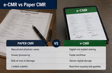 Confronto tra documento CMR cartaceo e e-CMR digitale su tablet, che mostra la trasformazione moderna della logistica