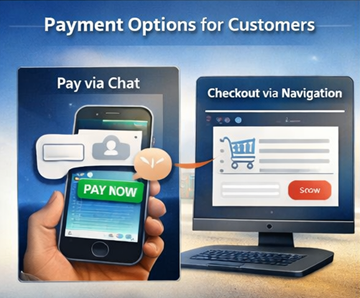 Cliente che paga un ordine di trasporto tramite pulsante di pagamento in chat e navigazione del checkout sulla piattaforma ExusTrans
