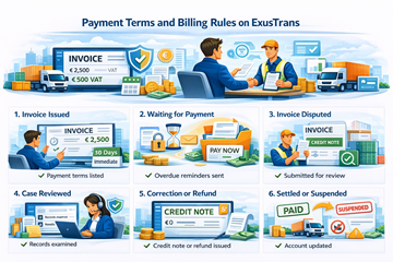 Illustrazione di un accordo commerciale e del processo di pagamento digitale che mostra regole di fatturazione e conformità su ExusTrans