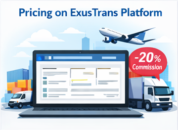 Dashboard della piattaforma ExusTrans con opzioni di trasporto express, a prezzo fisso e di distribuzione e sistema di commissione del 20 percento