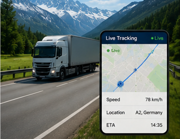 Camion con sistema di tracciamento del percorso GPS su autostrada europea durante un’operazione di trasporto