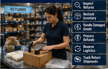 Magazzino che gestisce prodotti resi in un centro di fulfillment logistics