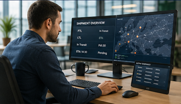 Dispatcher trasporti che utilizza un software logistico con abbreviazioni del trasporto su strada e tracciamento delle spedizioni
