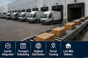 Camion per le consegne che caricano spedizioni dal magazzino di fulfillment