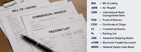 Documenti di spedizione merci, fatture, polizze di carico e abbreviazioni della logistica internazionale per operazioni import export