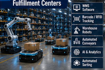 Centro di fulfillment automatizzato che utilizza robotica, software di magazzino e sistemi logistici basati su AI