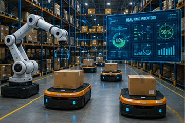 Smart warehouse con robotica, automazione e sistemi digitali di inventario