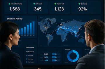 Responsabili della supply chain che monitorano analisi di tracciamento del trasporto e dashboard logistiche