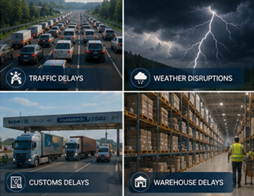 Sfide del trasporto logistico tra cui ritardi, traffico, meteo e problemi di visibilità delle spedizioni