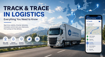 Sistema moderno di track and trace logistico che mostra la visibilità delle spedizioni dei camion, tracciamento GPS e monitoraggio delle consegne in tempo reale in tutta Europa