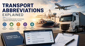 Responsabile trasporti che analizza abbreviazioni logistiche e informazioni di tracking spedizioni in un moderno ufficio logistico europeo