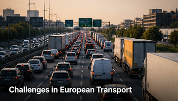 Traffico e congestione con camion in Europa, sfide logistiche, ritardi, costi carburante nel trasporto